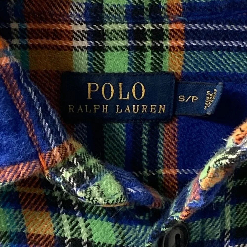 Polo Ralph Lauren Blue Orange Green Plaid Flannel Work Shirt Size S/P